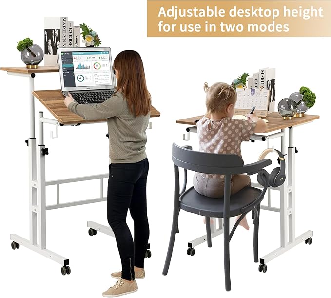 SIDUCAL Small Standing Desk, Portable Stand Up Desk, Height Adjustable Mobile Standing Desk Converter with Wheels Computer Workstations, Rolling Desk Laptop Cart for Standing or Sitting, Vintage Oak