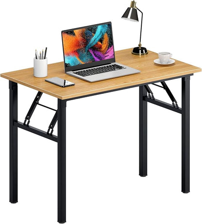 Need Folding Desk for Home Office 39-3/8'' Length Modern Folding Table Computer Desk No Install Needed Teak Color Desktop Black Frame, AC5BB(10060)