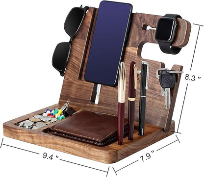 awofer Gifts for Men - Ebony Wood Phone Docking Station - Nightstand with Key Holder, Wallet Stand and Watch Organizer to Boyfriend Husband Wife Dad for Anniversary Birthday Christmas