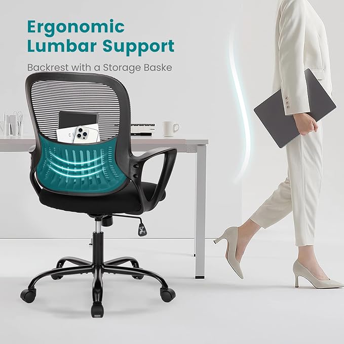 SMUG Office Chair, Mid Back Computer Ergonomic Mesh Desk with Larger Seat, Executive Height Adjustable Swivel Task with Lumbar Support and Armrests for Women Adults