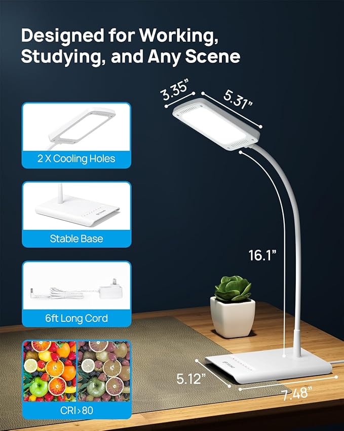 TROND Desk Lamp, Bright Dimmable Eye-Caring Table Lamp, 3 Color Modes 7 Brightness Levels, Flexible Gooseneck, Touch Control, Memory Function, Desk Light for Home Office Dorm Room Essentials