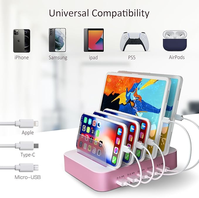 USB Charing Station Dock, 5 Port Charging Station with 7 Short Mixed Cables, for Women, Mother, Girl, Girlfriend, Designed for iPhone iPad Cell Phone Tablets and Other Electronics, Light-pink