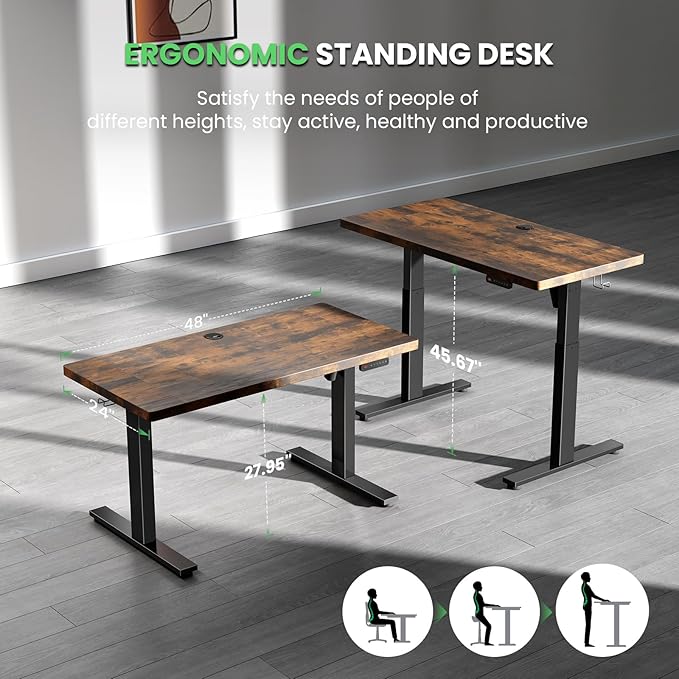 SIAGO Electric Standing Desk Adjustable - 48 x 24 Inch Sit Stand up Desk with Cable Management - 3 Memory Preset Adjustable Height Desk Computer Home Office Desk