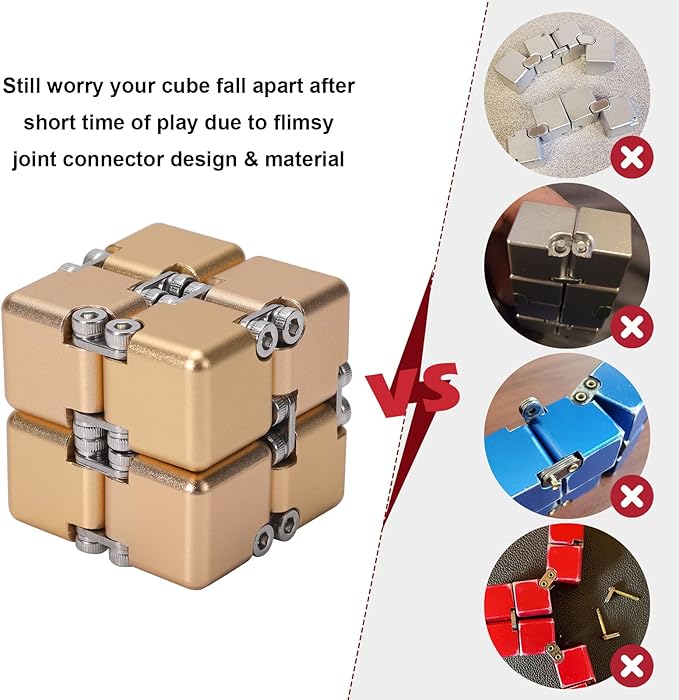 Aluminum Alloy Metal Infinity Cube Fidget Cube (6 Colors) Handheld Fidget Toy Desk Toy with Cool Case Infinity Magic Cube Relieve Stress Anxiety ADHD OCD for Kids and Adults (Gold)