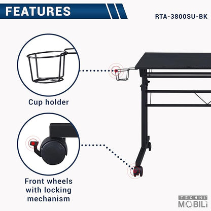 Techni Mobili Rolling Writing Desk with Height Adjustable Desktop and Moveable Shelf