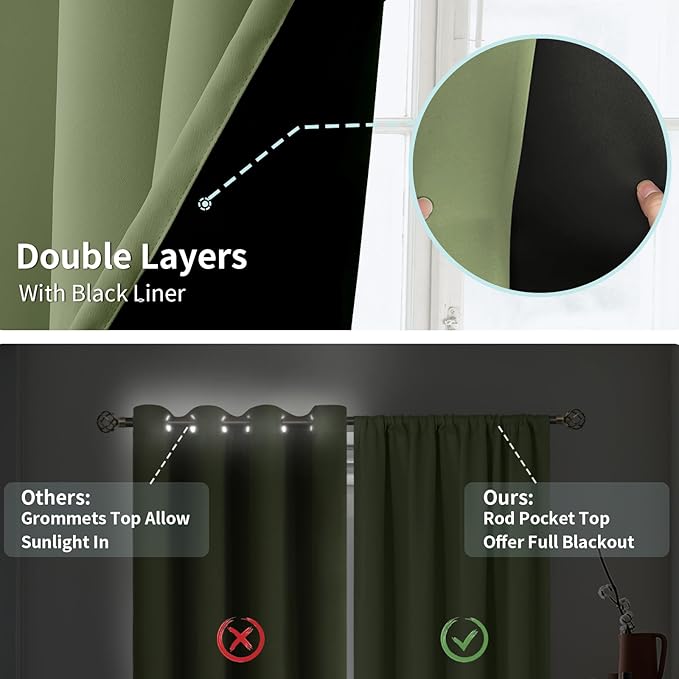 BGment Grass Green Blackout Curtains for Bedroom, Full Room Darkening Thermal Insulated Soundproof Rod Pocket Window Curtains Drapes 72 Inch Length, 2 Panels, Each Panel 52 Inch Wide