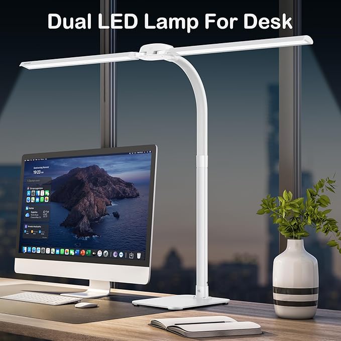 Desk Lamp with USB Charging Port for Home Office 24w Architect Remote Base Dual Task Led Light Modern 5 Color Modes Dimmable Adjustable Gooseneck Double Head Reading Drafting Eye Caring Tall Lamps