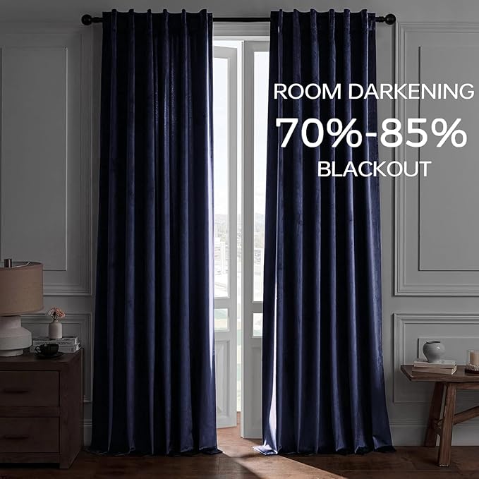 Topfinel Navy Blue Velvet Curtains 108 Inches Long for Living Room,Blackout Back Tab Thermal Insulated Heavy Curtains for Bedroom,W52 x L108 Inches,2 Panels,9FT