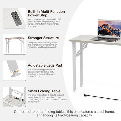 TEMI Small Computer Desk Folding Table - No Assembly, Compact 35.8" Foldable Desk with Power Outlets & USB Charging Port, Portable Small Office Desk, Ideal Mini Study Table for Small Spaces, White