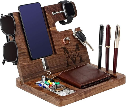 awofer Gifts for Men - Ebony Wood Phone Docking Station - Nightstand with Key Holder, Wallet Stand and Watch Organizer to Boyfriend Husband Wife Dad for Anniversary Birthday Christmas