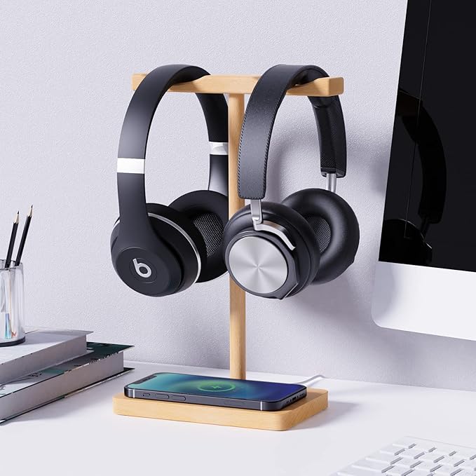 Headphone Stand Wood for Desk with Wireless Charger Gaming Headset Stand Holds Dual Universal VR Headset and Smart Watch,Support 15W Fast Charging, Type-C Cord Included, Beech