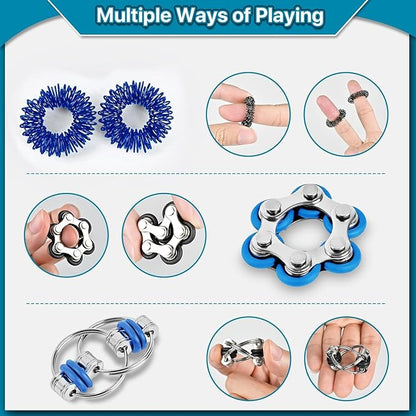 Dr.Kbde 12 Pcs Fidget Toys Adults Pack Stress Relief Sensory Toys for Kids Teen Cool Gadgets Desk Toys Flippy Roller Bike Chain Figits Rings Figette Spinners Classroom Prizes Gift for ADHD Boy Girls