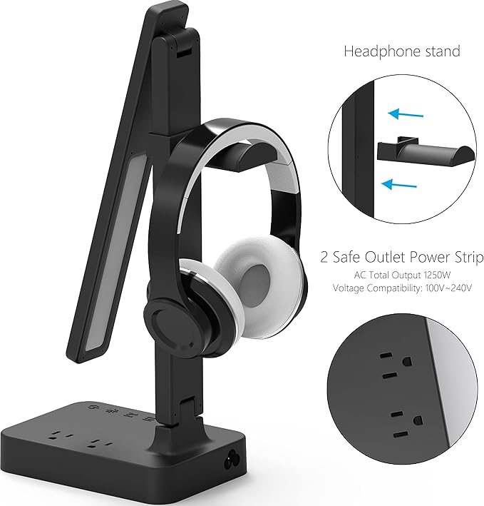 Drevet LED Desk Lamp with Headphone Stand, Desk Light with 1 USB Charging Port and 2 AC Power Outlet, 3 Lighting Modes, 3 Level Brightness,1H Timer, Memory Function, Eye-Caring Gaming Desk Lamp