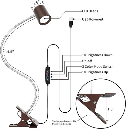 Dott Arts Desk Lamp,USB Clip On Light with 3 Color Modes,LED 10 Levels Brightness Reading Lamp, 360° Gooseneck Book Light,Eye-Care Reading Light for Home Office,Headboards Brown