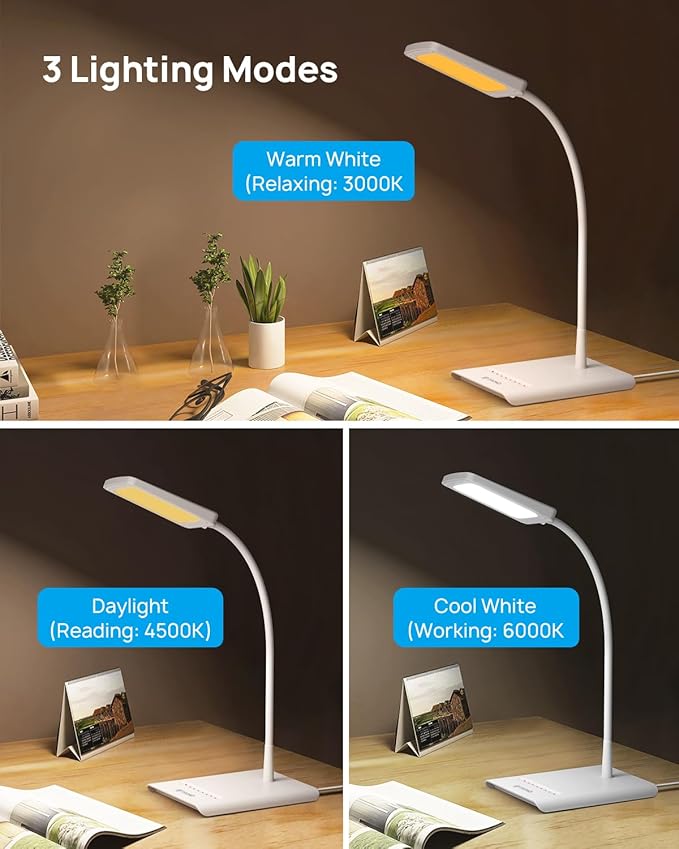 TROND Desk Lamp, Bright Dimmable Eye-Caring Table Lamp, 3 Color Modes 7 Brightness Levels, Flexible Gooseneck, Touch Control, Memory Function, Desk Light for Home Office Dorm Room Essentials