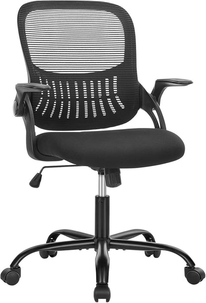 SMUG Office Computer Desk Chair, Ergonomic Mid-Back Mesh Rolling Work Swivel Task Chairs with Wheels, Comfortable Lumbar Support, Comfy Flip-up Arms for Home, Bedroom, Gaming, Study, Student, Black