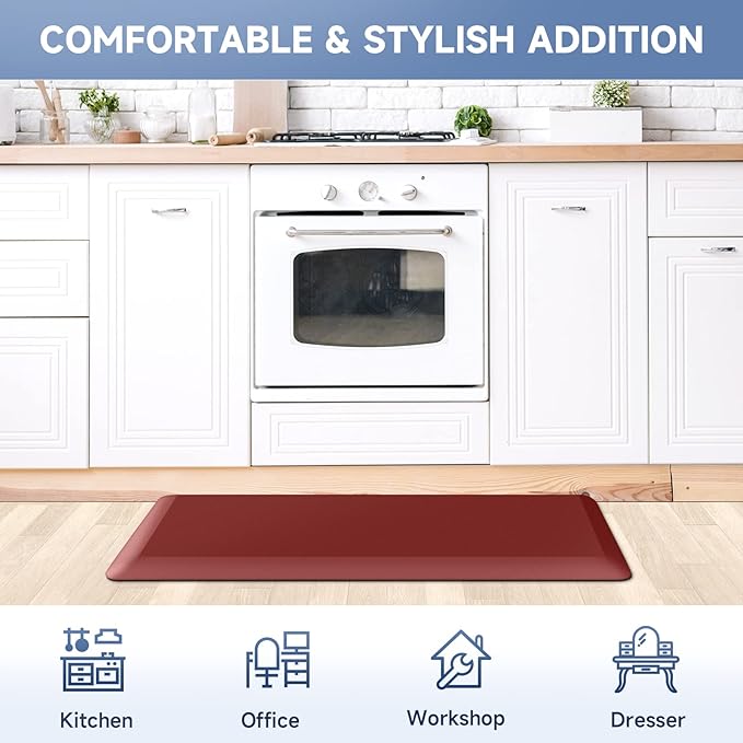 StepRite 4/5 Inch Thick Kitchen Mat Anti Fatigue Mat Kitchen Rugs Kitchen Decor Non-Slip, Stain Resistant, Waterproof Kitchen Mats Desk Mat for Kitchen, Office, Workshop, Red, 17'' x 39''