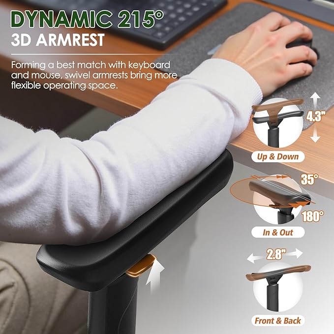 GABRYLLY Ergonomic Office Chair, Big and Tall Mesh Chair with Lumbar Support, 3D armrest - 215° Rotation, Adjustable Headrest & Soft Seat, Durable Desk Chair 350LBS for Work Gaming Computer,Grey