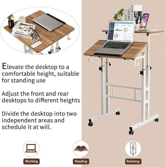 SIDUCAL Mobile Stand Up Desk, Adjustable Laptop Desk with Wheels, Home Office Workstation with USB Ports and Outlets, Rolling Desk Laptop Cart for Standing or Sitting, Vintage Oak