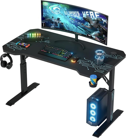 Shahoo Gaming Desk with Full Mouse Pad, Manual Adjustable Height Computer Table with Headphone Hook and Cup Holder, Black, 47 Inch