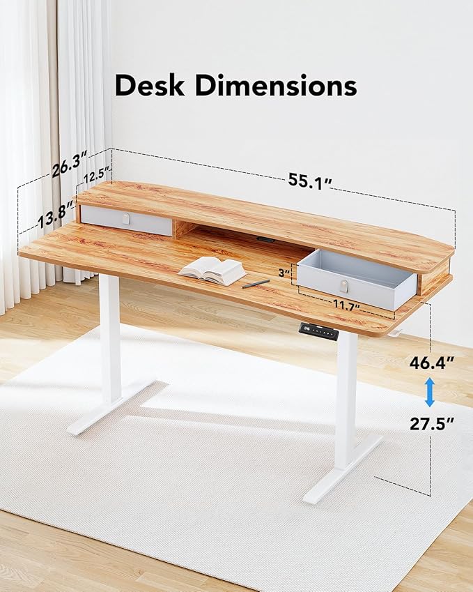 HUANUO 55″ x 26″ Electric Standing Desk with 2 Drawers, C-Clamp Mount Compatible, Height Adjustable Computer Desk, Home Office Stand Up Desk with 4 Preset Heights & 2 Hooks, Light Vintage