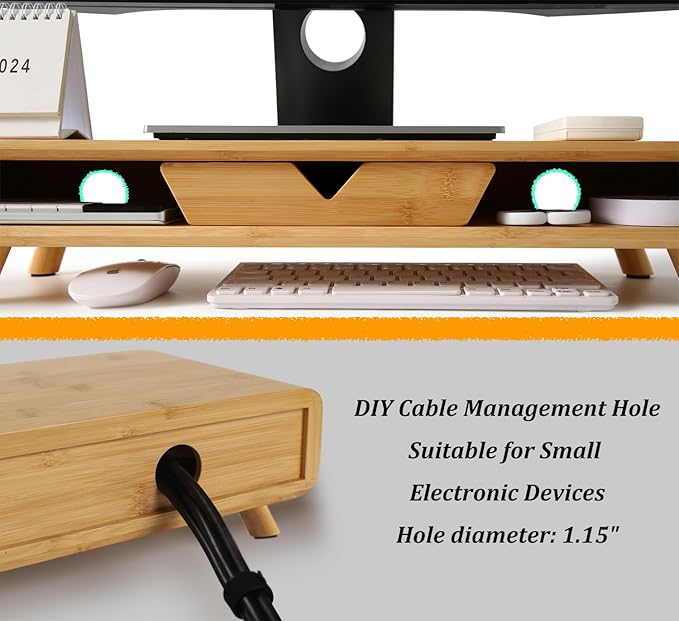 Homerays Bamboo Monitor Stand Riser, No Assembly Required Exquisite Monitor Stand with Drawer Ergonomic Height Wood Monitor Stand