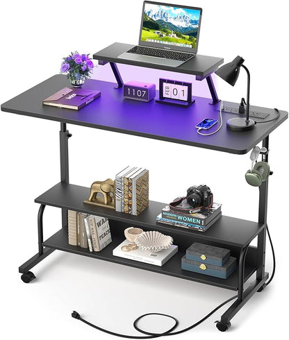 Height Adjustable Standing Desk with Power Outlets and LED Lights - 39" Manual Stand Up Desk with Monitor Stand and Storage Shelves Small Mobile Rolling Computer Desk Portable Laptop Table, Black