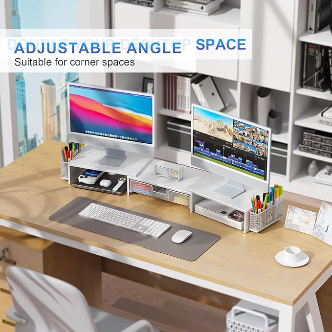 gianotter Dual Monitor Stand Riser, Desk Organizer With Drawer and 2 Pen Holders, Desk Accessories & Workspace Organizers, Monitor Stand for Desk, Office Decor Essentials (White)