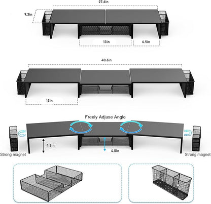 gianotter Dual Monitor Stand Riser, Desk Organizer With Drawer and 2 Pen Holders, Desk Accessories & Workspace Organizers, Laptop Stand, Office Decor Essentials, Balck