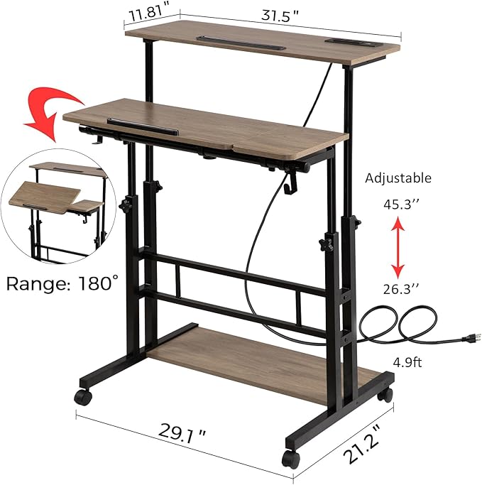 Hadulcet Stand Up Desk, Rolling Desk Adjustable Height, Mobile Standing Desk with Wheels & Charging Station Grey or Rustic Brown