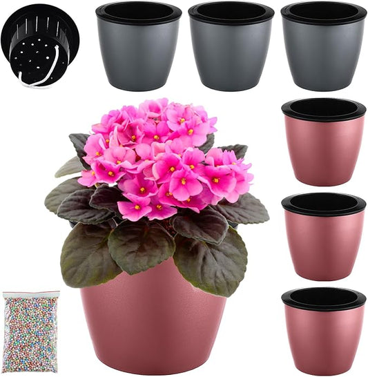 Planterhoma 6 Pack 6.7 Inch Self Watering Pots for Indoor Plants with Black Wick Pots, Large African Violet Pots, Self Watering Planters for Devil's Ivy, Indoor Plant Pots for Orchid