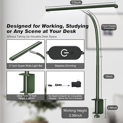 LED Desk Lamp for Office Home, Eye-Caring Desk Light with Stepless Dimming Adjustable Flexible Gooseneck, 10W USB Adapter Desk Lamp with Clamp for Reading, Study, Workbench (Green)