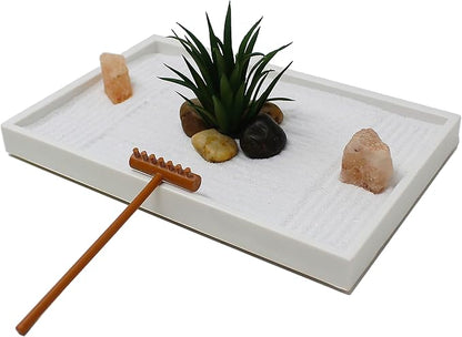 Nature's Mark Mini Zen Garden Kit for Desk with White Sand, Rake, White Base, Salt Rock and Air Plant (Rectangle)