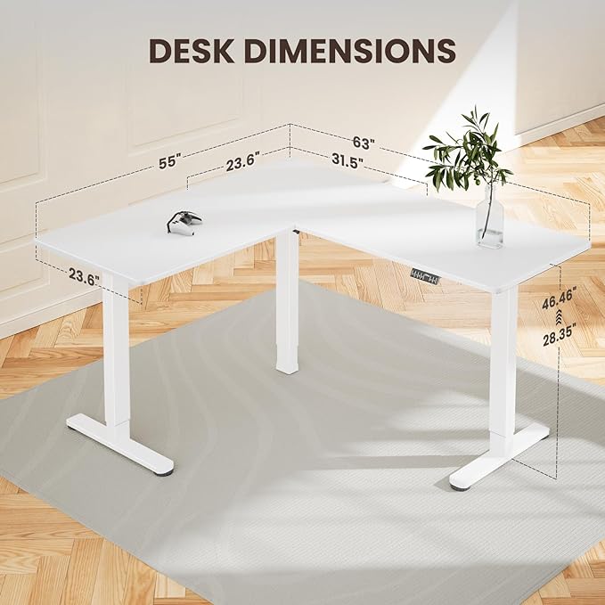 ErGear 63" x 55" Dual Motor L Shaped Standing Desk, Electric Height Adjustable, Extra Large Desktop, Interchangeable Installation of Left and Right Desktops, Suitable for Home Office, White