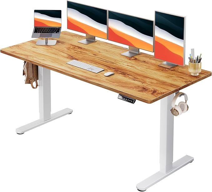 HUANUO Electric Standing Desk, 60" x 24" Whole Piece Desktop, Adjustable Height Computer Desk, 4 Height Memory Settings, Sit Stand Up Desk for Home Office, Light Vintage