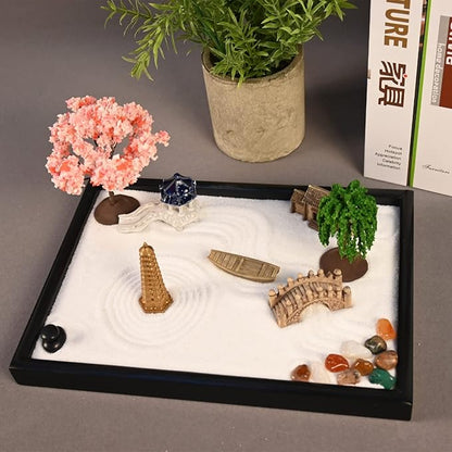 Mini Zen Garden, White Sand, 10" x 7" Rectangular Plastic Tray with Meditation Accessories