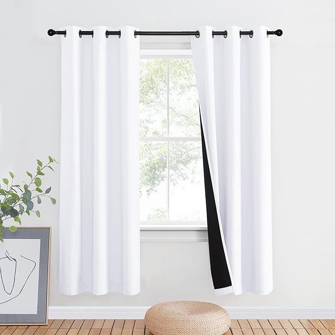 NICETOWN 100% Blackout Cold Blocking Window Curtain Panel, Full Light Blocking Drape with Black Liner for Nursery, 72-inch Drop Thermal Insulated Drapery (White, 1 Piece, 42-inch Wide Per Panel)