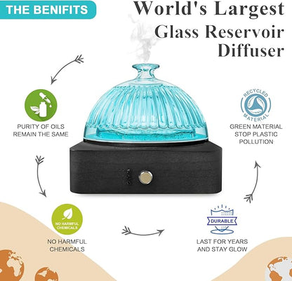 Glass Dome Essential Oil Diffuser with Glass Reservoir & Wood Base-Plastic Free, 200ml Ultrasonic Glass Diffuser for Aromatherapy with Timer 7 Color Light Auto-Off for Gift Home Office Yoga Dark Brown