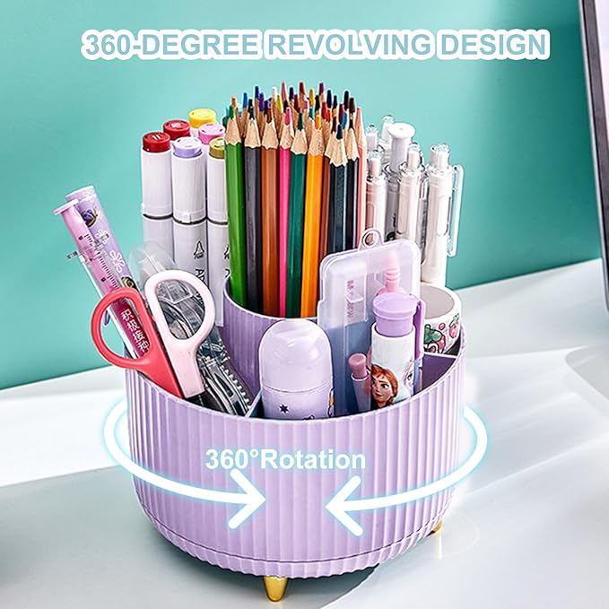 Pencil Holder For Desk,5 Slots 360°Degree Rotating Desk Organizers And Accessories,Desktop Storage Stationery Supplies Organizer, Cute Pencil Cup Pot For Office, School, Home (I-Purple)