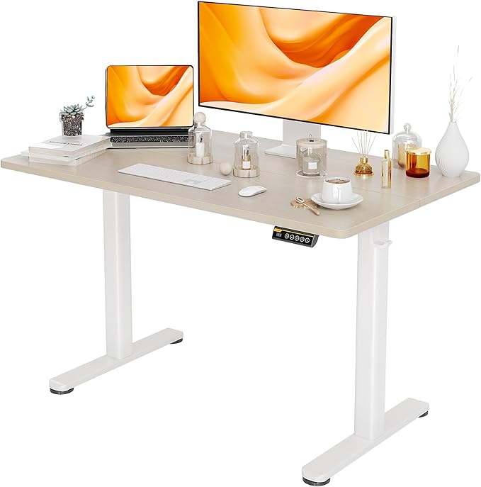 Electric Standing Desk, Adjustable Height Stand up Desk, 48x24 Inches Sit Stand Home Office Desk with Splice Board, White Frame/Nature Top