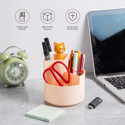 Desk Pencil Pen Holder, 3 Slots 360-Degree Spinning Pencil Pen Desk Organizers, Desktop Storage Pen Organizers Stationery Supplies, Cute Pencil Cup Pot for Office, School, Art Supply, Kids - Pink