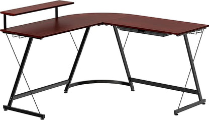 SHW Vista L-Shape Desk with Monitor Stand, Cherry