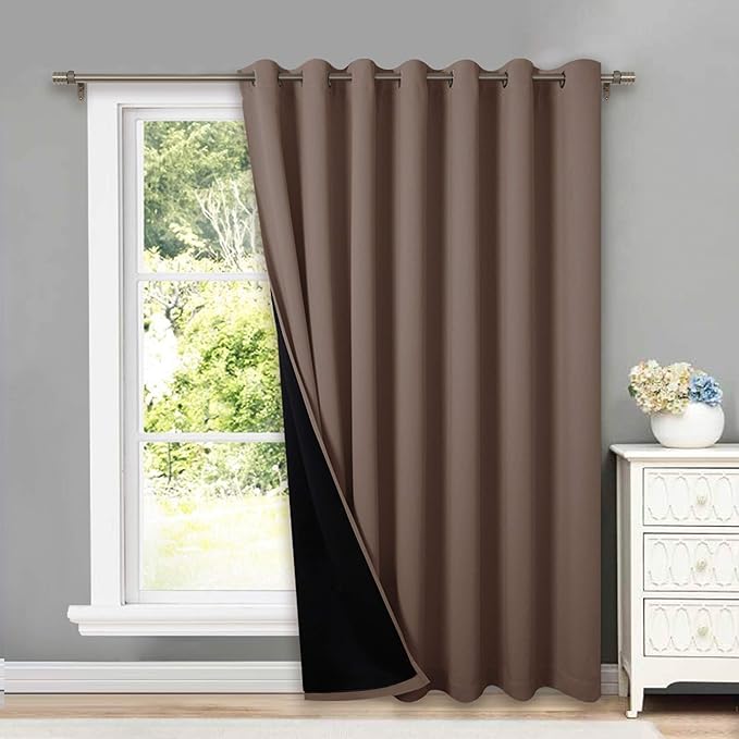 NICETOWN Thermal Insulated 100% Blackout Curtain, Noise Reducing Performance Grommet Slider Curtain with Black Lining, Full Light Blocking Patio Door Panel (Cappuccino, 1 PC, 100 inches x 84 inches)