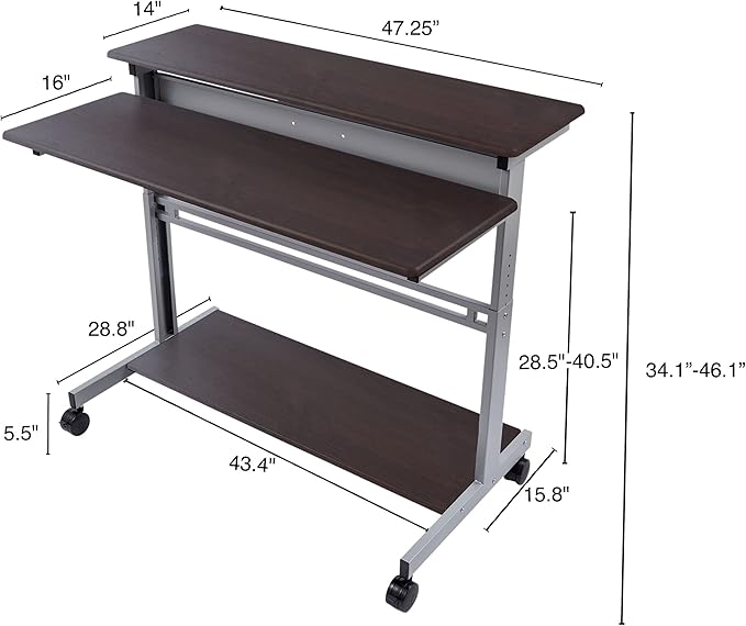 Stand Up Desk Store Rolling Adjustable Height Two Tier Standing Desk Computer Workstation (Silver Frame/Dark Walnut Top, 48" Wide)