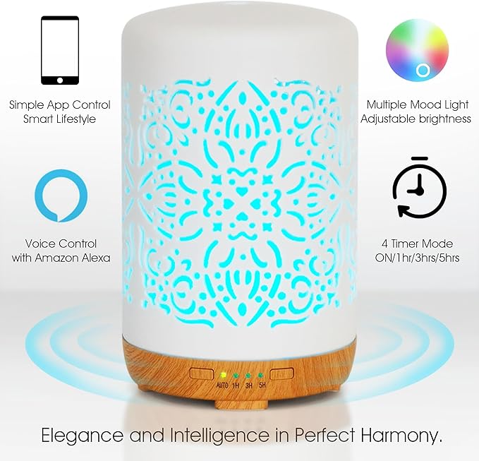 Earnest Living Smart Wifi Essential Oil Diffuser White Ceramic Diffuser 250 ml with Alexa Google Home App Phone Control LED and Auto Off Office Humidifier Aromatherapy Diffusers for Essential Oils