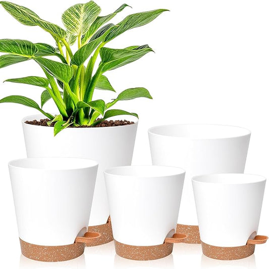 Planters for Indoor Plants 7/6.5/6/5.5/5 Inch, Self Watering Planters with Drainage Holes and Saucers 5 Pack Plastic Pots for Plants, Succulents, Herbs, Cactus, Flower Pots, White