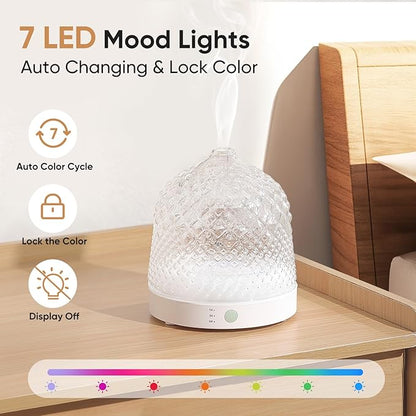 Glass Essential Oil Diffuser, 200ml Ultrasonic Aroma Diffusers with Glass Reservoir Dome & White Plastic Base Lock Color Auto-Off Timer 7 Color Light for Home Office Bedroom Yoga