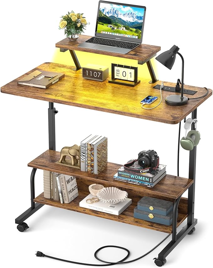 Height Adjustable Standing Desk with Power Outlets and LED Lights - 32" Manual Stand Up Desk with Monitor Stand and Storage Shelves Small Mobile Rolling Computer Desk Portable Laptop Table, Rustic