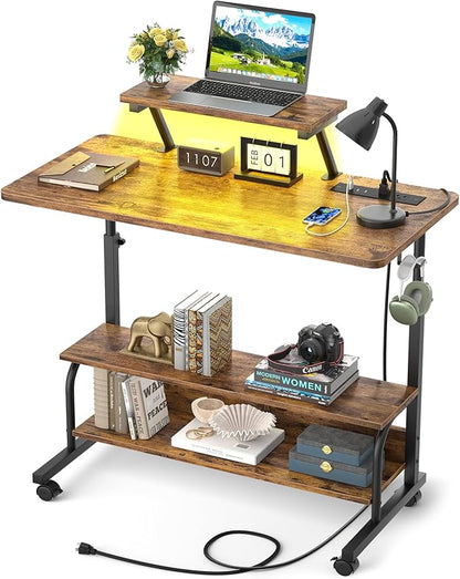 Height Adjustable Standing Desk with Power Outlets and LED Lights - 32" Manual Stand Up Desk with Monitor Stand and Storage Shelves Small Mobile Rolling Computer Desk Portable Laptop Table, Rustic