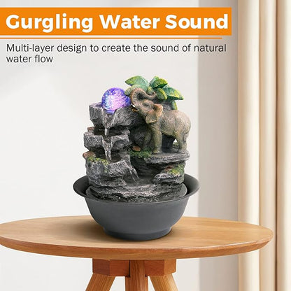 BEAMNOVA Tabletop Fountain,Relaxation Water Feature Feng Shui Indoor Fountain of Elephant Sculpture with Colorful Spinning Ball for Home Office Desktop Décor